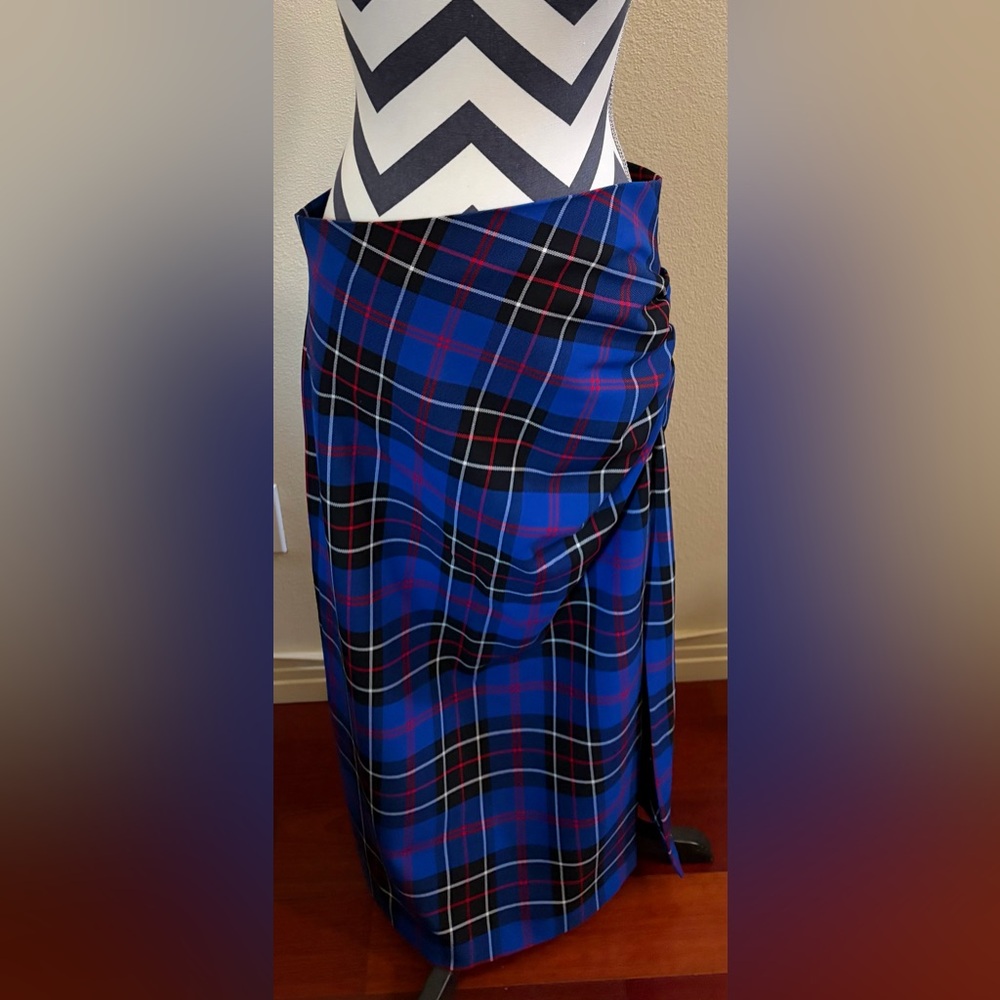 Zara Blue Plaid Tartan Midi Skirt w/ Side Ruched Detail Size XL NWT